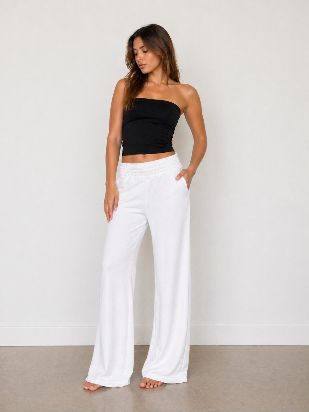 Estro White Wide Leg Pants High Waist Minimal Lounge Pants Size S